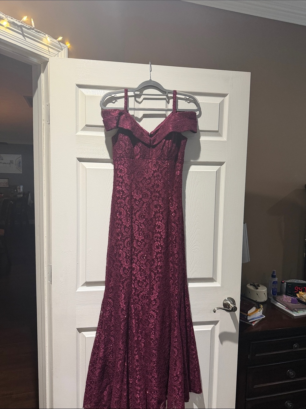 R&M Richards Wine Lace Off-Shoulder Prom Dress
